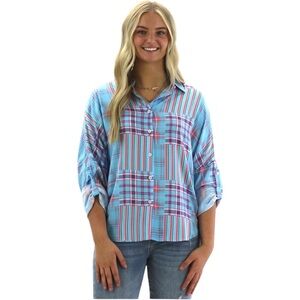 Emily Wonder Plaid Button Down Shirt Casual Top Blue‎ Pink